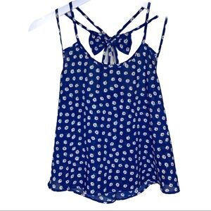 E HANGAR M Boho Daisy Print Tank With Caged Back Bow Detail Blue Size Small